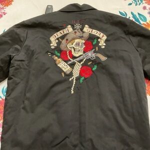 Lucky 13 Shirt Jacket Death Glory Skull Gun Rose Punk Rock Bomber Mechanic Sz O